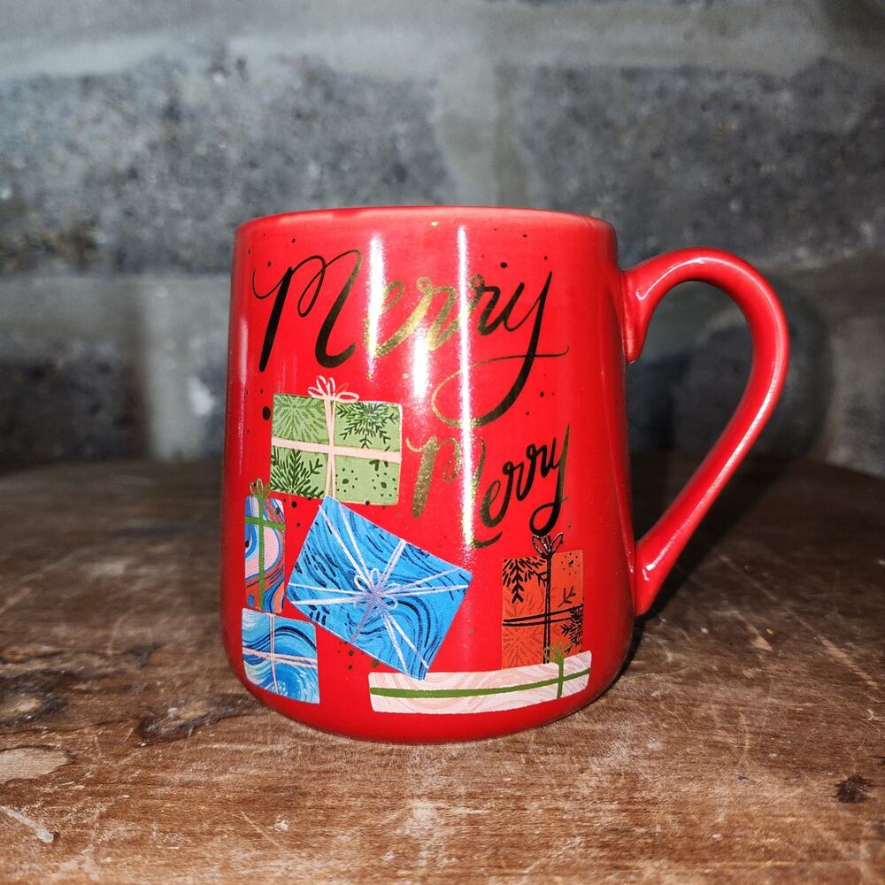 EttaVee Magical Merry Merry Christmas Coffee Mug Cup Red Hand Painted Presents
